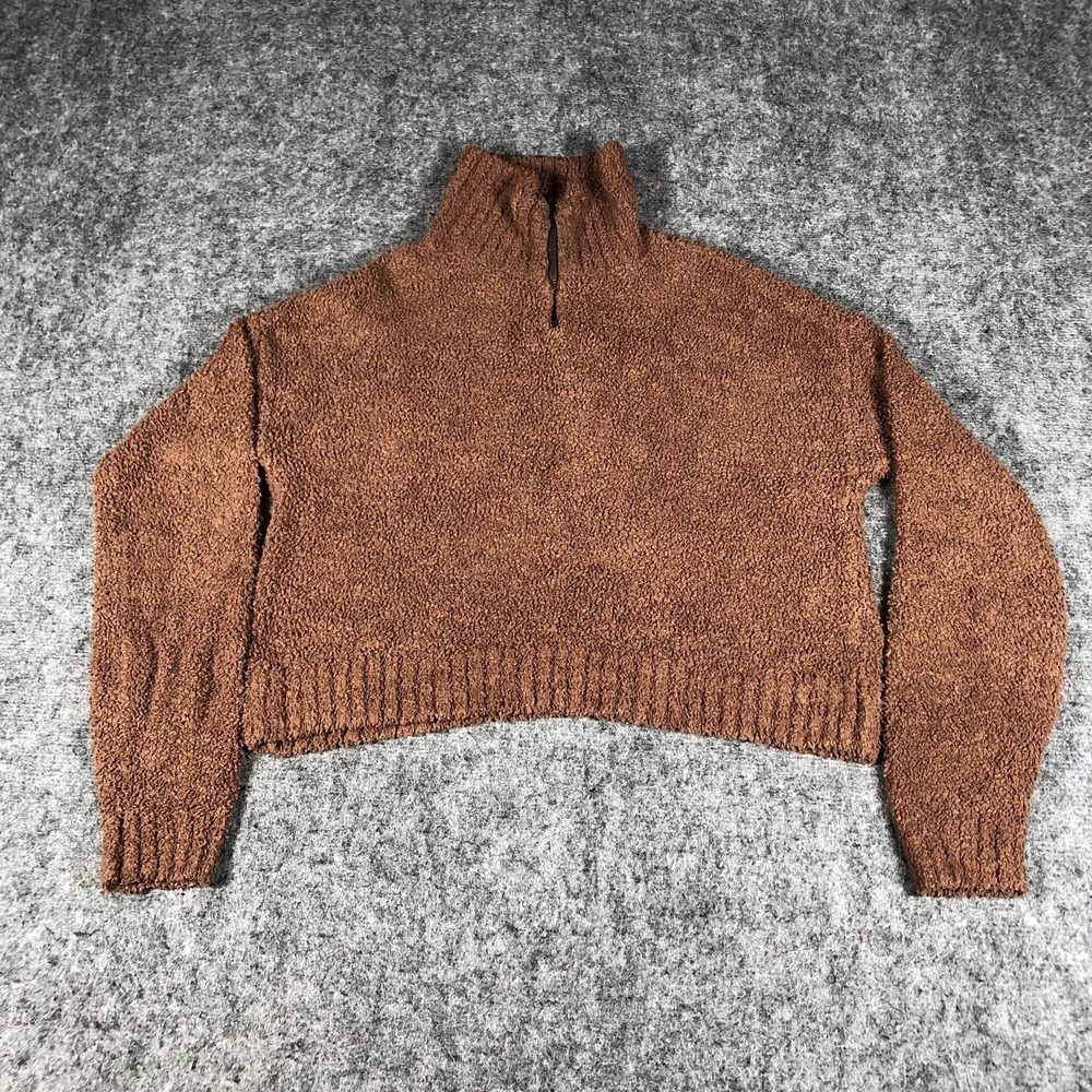 Hollister Womens XS‎ Brown Fuzzy Mock Neck Half Zip Cropped Sweater